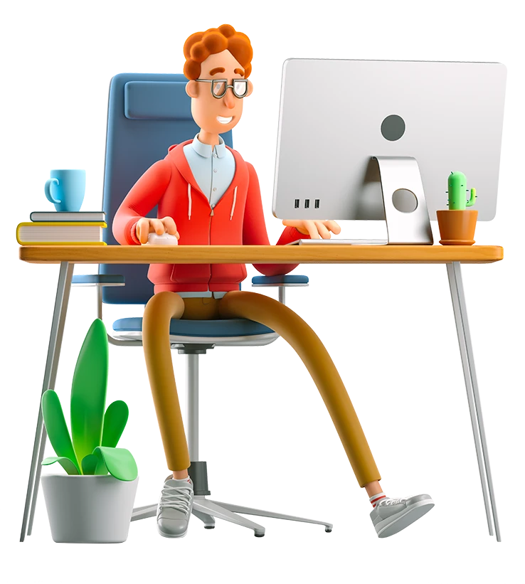 Piirroshahmo iloisesta miehestä työskentelemässä tietokoneella